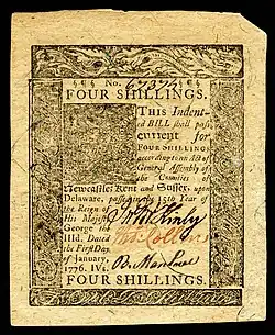 Delaware colonial currency, 4 shillings, 1776 (obverse)