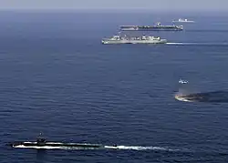 Miami steams through the Arabian Sea accompanied by the USS&nbsp;Enterprise&nbsp;(CVN-65), USNS&nbsp;Supply&nbsp;(T-AOE-6), and USS&nbsp;Gettysburg&nbsp;(CG-64). (11 November 2007)