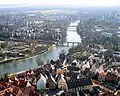 The Danube in Ulm as seen from the steeple of Ulm Minster, looking southwest.