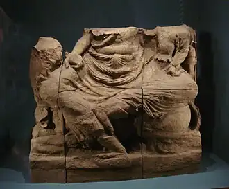 Uma-Maheshvara: ithyphallic Shiva with spouse Uma riding the bull Nandi, Penjikent Temple II, 690-722 CE, National Museum of Antiquities of Tajikistan (60).[12]