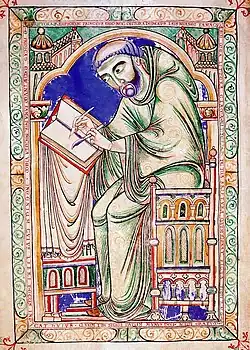 Eadwine the Scribe whose self portrait is accompanied by the inscription "I am the chief of scribes, and neither my praise nor fame shall die; shout out, oh my letter, who I may be. By its fame your script proclaims you, Eadwine, whom the painted figure represents, alive through the ages, whose genius the beauty of this book demonstrates. Receive, O God, the book and its donor as an acceptable gift." Canterbury, c. 1150s.