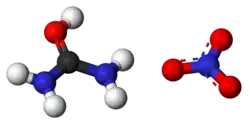 Ball-and-stick models of the ions in urea nitrate