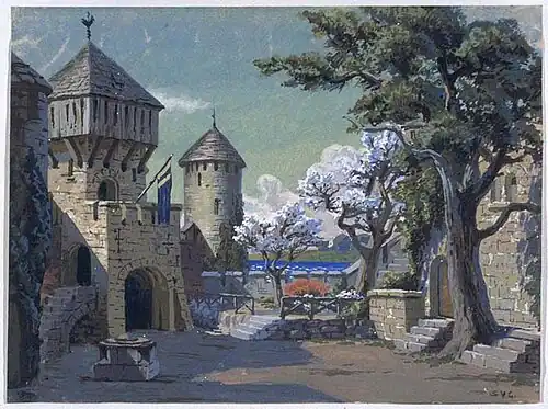 Valdemar Gyllich's coloured sketch for the scenography for the 1874 production in conjunction with the opening of the new Total Danish Theatre.