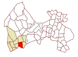 Location on the map of Vantaa, with the district in red and the major region in light brown