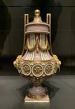 Louis XVI style – Vase (vase grec Duplessis rectifié), design attributed to Jean-Claude Chambellan Duplessis, painted decoration by Vincent Taillandier [fr], gilding by Jean Pierre Boulanger, by the Sèvres porcelain factory, 1780, painted and gilded hard-paste porcelain, gilt bronze, Rijksmuseum Amsterdam, the Netherlands