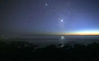 A photograph of the night sky taken from the seashore. A glimmer of sunlight is on the horizon. There are many stars visible. Venus is at the centre, much brighter than any of the stars, and its light can be seen reflected in the ocean.