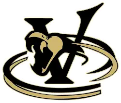 A black and gold viper, mouth open and baring fangs, wrapped around a serif letter V