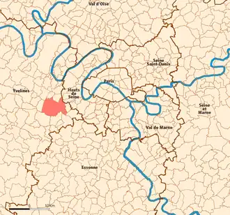 Location (in red) within Paris inner and outer suburbs