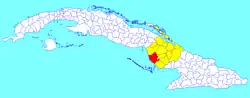 Vertientes municipality (red) within Camagüey Province (yellow) and Cuba