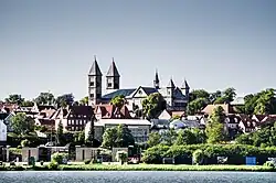 View of Viborg and its monumental cathedral (Viborg Domkirke), as seen from the Søndersø lake.