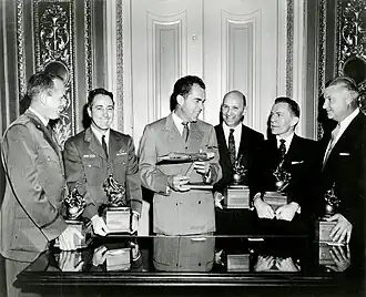 1958 Collier Trophy with (L to R) Walter W. Irwin, Howard C. Johnson, US VP Nixon, Gerhard Neumann, Neil Burgess, Clarence Leonard "Kelly" Johnson