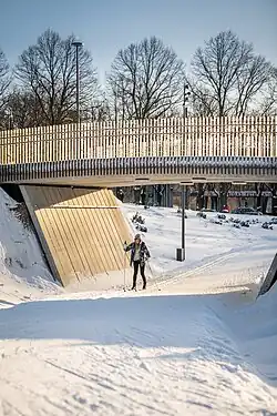 A woman skiing in the Victory park in Riga, Latvia