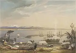 a colour lithograph of a landscape of a harbour, with mountain ranges on the horizon. Men and tents are in the foreground
