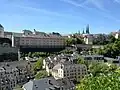 View of the National Archives of Luxembourg (centre left) and the Grund (bottom)