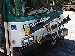 Front-mounted bicycle rack on American transit bus