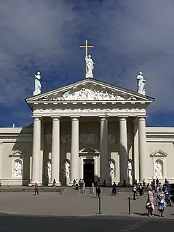 The Neoclassical façade of Vilnius Cathedral, Lithuania, with its pediment and columns.