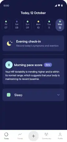 Screenshot from a symptom-tracking app showing a calendar, a prompt to record today's symptoms, the user's pacing score, and a sleep panel