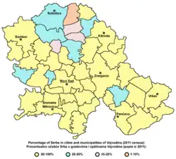 Percentage of Serbs in cities and municipalities of Vojvodina, 2011