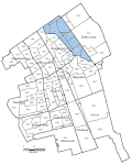 Modern map showing Vrijenban (in blue), within Delft.