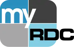 A rounded rectangle divided into blue and gray parts with the word "my" in white and a black "RDC" in the lower right, extending outside of the rectangle.
