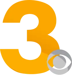 A shiny, beveled, gold sans serif numeral 3 with a shiny silver beveled CBS eye overlapping it in the lower right.