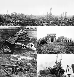 (Clockwise from the top) * The aftermath of shelling during the Battle of the Somme * Mark V tanks cross the Hindenburg Line * HMS&nbsp;Irresistible sinks after hitting a mine in the Dardanelles * A British Vickers machine gun crew wears gas masks during the Battle of the Somme * Albatros D.III fighters of Jagdstaffel 11