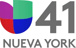 The Univision network logo, a 3D compilation of purple, red, green and blue elements that loosely form the letter U. Next to it is the letter 41 in a gray sans serif. Underneath are the words "Nueva York" in a gray sans serif.
