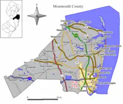 Location of Wall Township in Monmouth County highlighted in yellow (right). Inset map: Location of Monmouth County in New Jersey highlighted in black (left). Interactive map of Wall Township, New Jersey