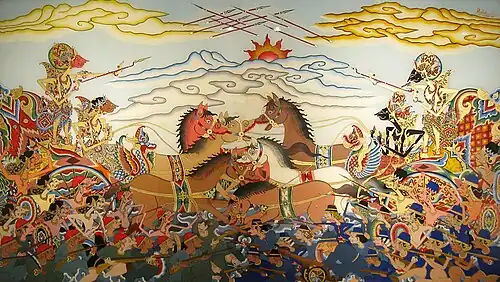 Wayang glass painting depiction of Bharatayudha battle.