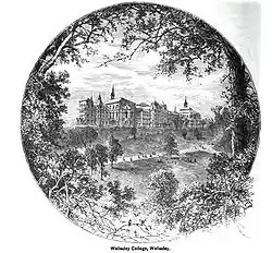 An etching of Wellesley College circa 1881.