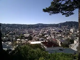 View of the suburb of Mount Victoria, with Armour Avenue just left of centre and Te Aro in the background