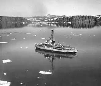 USCGC Westwind near Cape Atholl, Greenland, returning from arctic cruise (1964).
