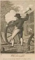 Engraving of a wheelwright hammering a wooden wheel