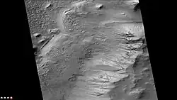 Old glacial flows and gullies on eastern side of Galle crater, as seen by CTX camera. Note: this is an enlargement of the previous photo.