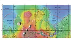 MOLA map showing boundaries for Amazonis Planitia and other regions Colors indicate elevations.