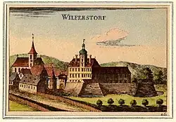 Illuminated engraving of Wilfersdorf Castle, 1674