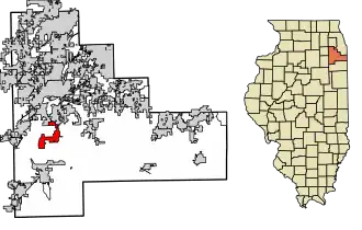 Location of Elwood in Will County, Illinois.
