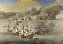 Ships burning at anchor in Bejaia harbor