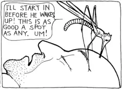 A giant mosquito drinks the blood of a sleeping man.