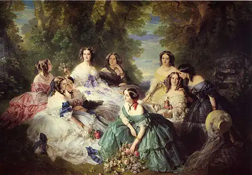 The Empress Eugenie Surrounded by her Ladies in Waiting, by Franz Xaver Winterhalter, 1855, oil on canvas, Château de Compiègne, Compiègne, France[96]