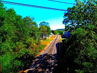 Ballasted railroad track surrounded by trees