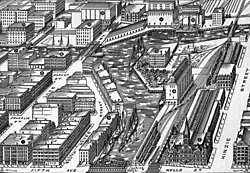 19th century black and white lithograph print showing a river lined with industrial buildings and railroads