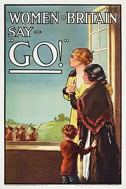 Poster of two women and a young boy looking out of an open window at soldiers in a countryside setting. The text "Women of Britain Say 'Go!'" is in white across the top of poster.