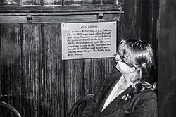 The plaque to the Inklings in 1979, with a member of The Tolkien Society