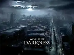 Artwork of a city at night, along with the "World of Darkness" logo.