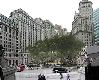 Seen from the Alexander Hamilton U.S. Custom House. From left to right: 1 Broadway, 11 Broadway, 25 Broadway, 37 Broadway, 26 Broadway, and 2 Broadway
