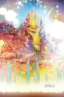 In soft glowing colors, the Krakoan island floats above the ground with waterfalls trailing down beneath it. The city expands upwards on the island with Krakoa's large, bark face as the main focus; the forehead has an "X" engraved into. At the bottom right, a text bubble says: "So ended the First Krakoan Age"