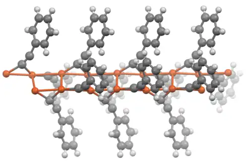 Portion of the structure of the polymer copper(I) phenylacetylide Cu+[−C≡C−C6H5].[8]