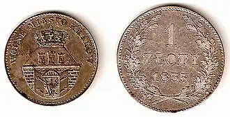 5 groszy coin displaying the coat of arms of the Free City, and 1 złoty coin of 1835.