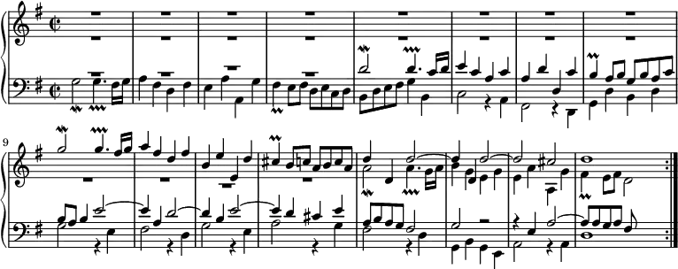 \new PianoStaff <<
\new Staff <<
\new Voice \relative c''' {
\key g \major \time 2/2 \voiceOne
R1*8 |
g2\mordent g4.\prallprall fis16 g |
a4 fis d fis |
b,4 e e, d' |
cis4\prall b8 c a b c a |
d4 d, d'2~ |
d4 d, d'2~ |
d2 cis |
d1 | \bar ":|."
}
\new Voice \relative c'' {
\voiceTwo
R1*10 |
\once \override MultiMeasureRest.staff-position = -8 R1 |
R1 |
a2\mordent a4.\prallprall g16 a |
b4 g e g |
e4 a a, g' |
fis4\prall e8 fis d2 |
}
>>
\new Staff <<
\new Voice \relative c' {
\key g \major \clef bass \voiceOne
\override MultiMeasureRest.staff-position = 4 R1*2 |
\override MultiMeasureRest.staff-position = 6 R1 |
\override MultiMeasureRest.staff-position = 4 R1 |
d2\mordent d4.\prallprall c16 d |
e4 c a c |
a4 d d, c' |
b4\prall a8 b g b a c |
b8 a b4 e2~ |
e4 a, d2~ |
d4 b e2~ |
e4 d cis e |
a,8 b a g fis2 |
g2 r |
r4 e a2~ |
a8 a g a fis |
}
\new Voice \relative c' {
\voiceTwo
g2\mordent g4.\prallprall fis16 g |
a4 fis d fis |
e4 a a, g' |
fis4\prall e8 fis d e c d |
b8 d e fis g4 b, |
c2 r4 a |
fis2 r4 d |
g4 d' b d |
g2 r4 e |
fis2 r4 d |
g2 r4 e |
a2 r4 g |
fis2 r4 d |
g,4 b g e |
a2 r4 a |
d1 |
}
>>
>>
